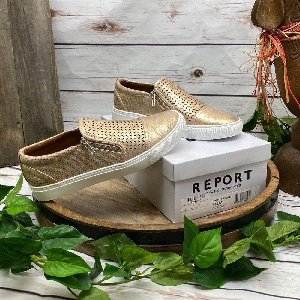 Report Alexa Rose Gold Side Zip Perforated Sneaker Shoes Size 9 NWT New w Box